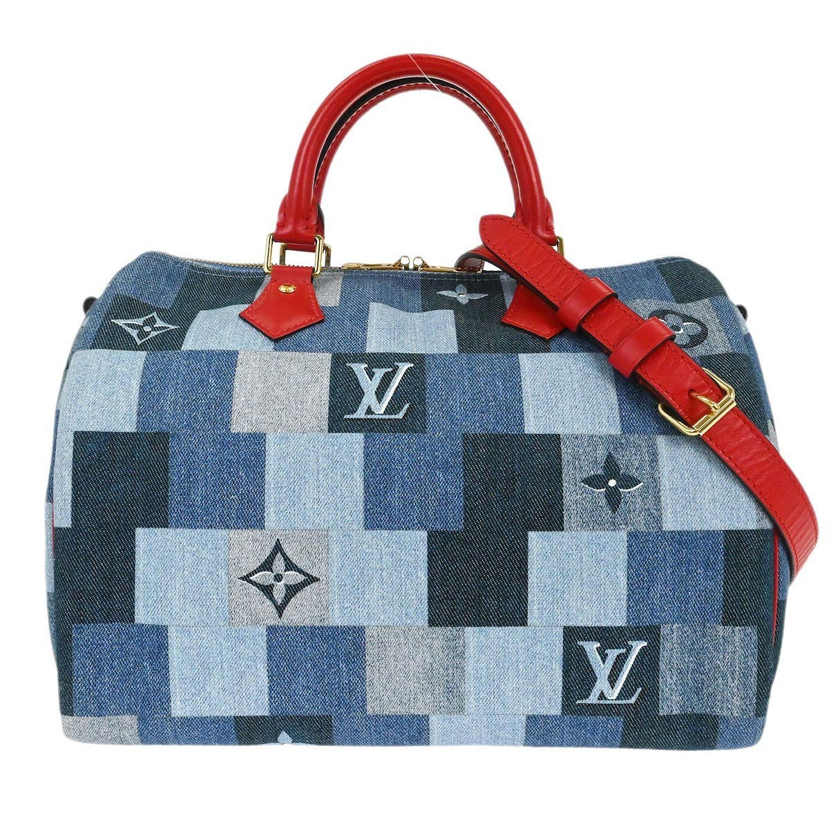 Louis Vuitton Speedy Bandouliere Bag Damier And Monogram Patchwork Denim Blue Denim_Jeans Handbag (Authentic  )