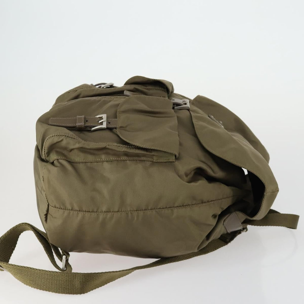 Prada Vela Double Front Pocket Backpack Tessuto With Saffiano Leather Khaki Nylon Backpack Bag ( )