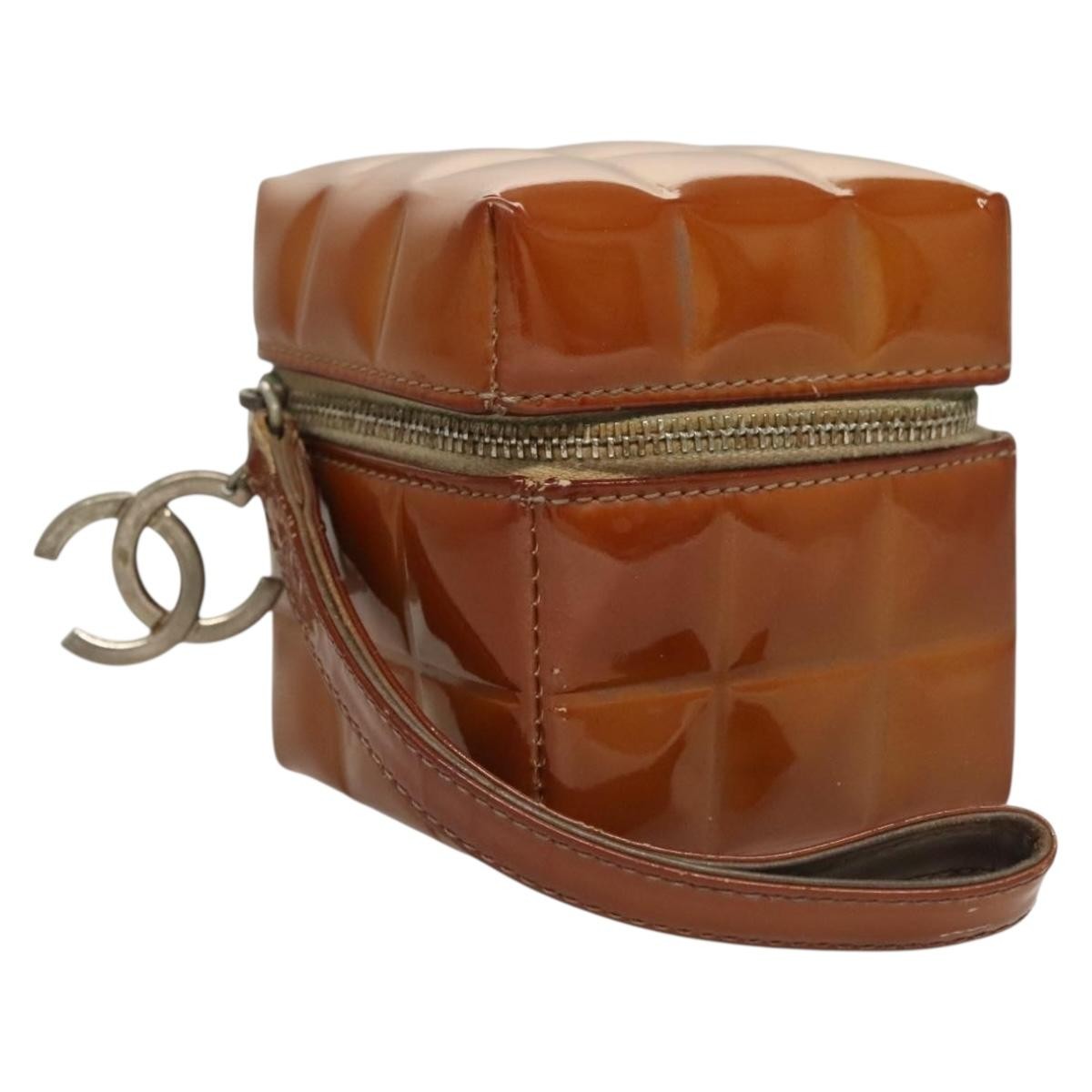 Chanel Rubiks Cube Wristlet Quilted Patent Brown Patent_Leather Bag (Authentic  )