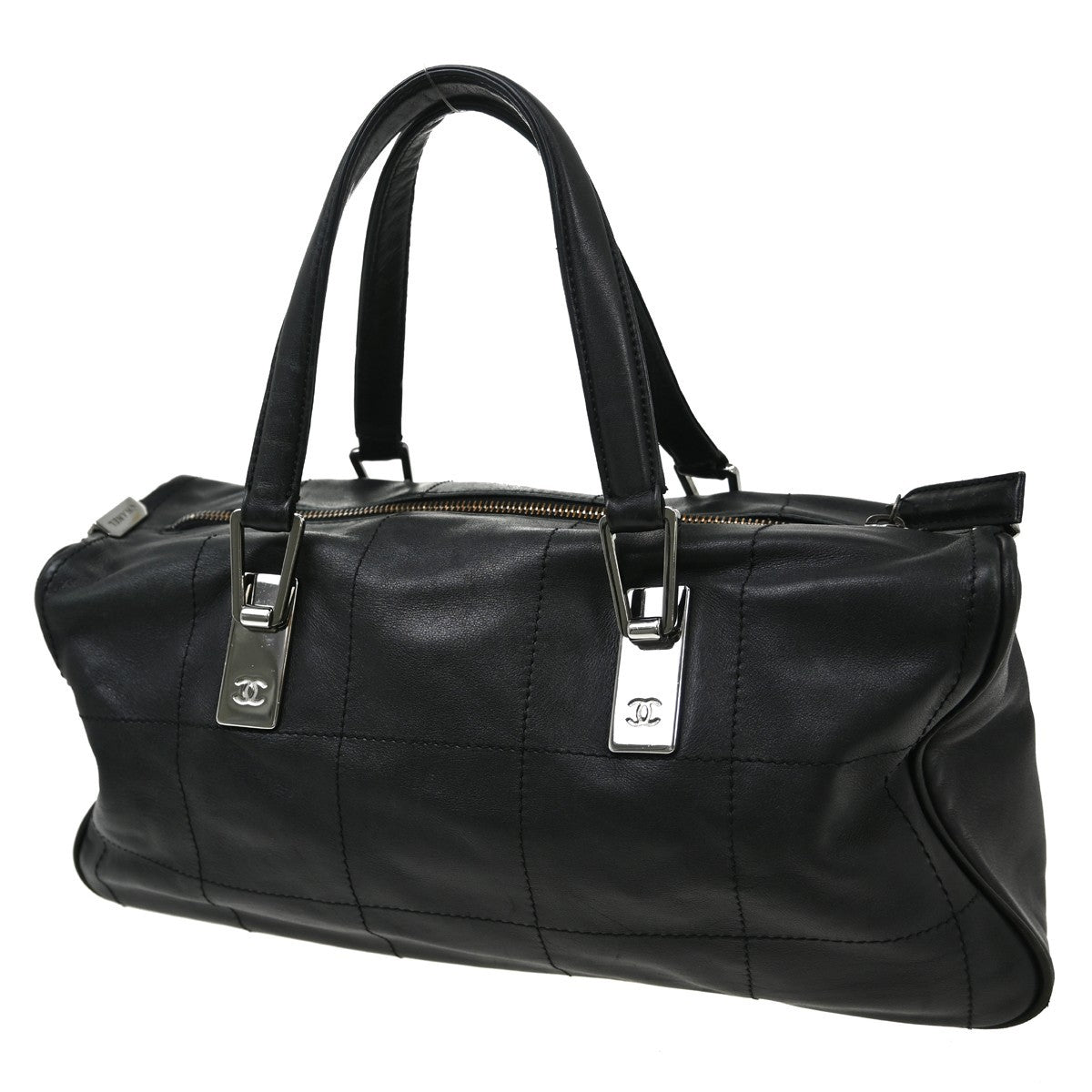 Chanel Chocolate Bar Cc Handbag Quilted Lambskin Black Leather Handbag ( )