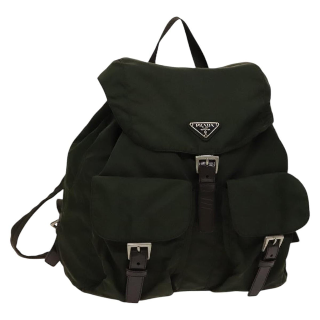 Prada Vela Double Front Pocket Backpack Tessuto With Saffiano Leather Khaki Nylon Backpack Bag (Authentic  )