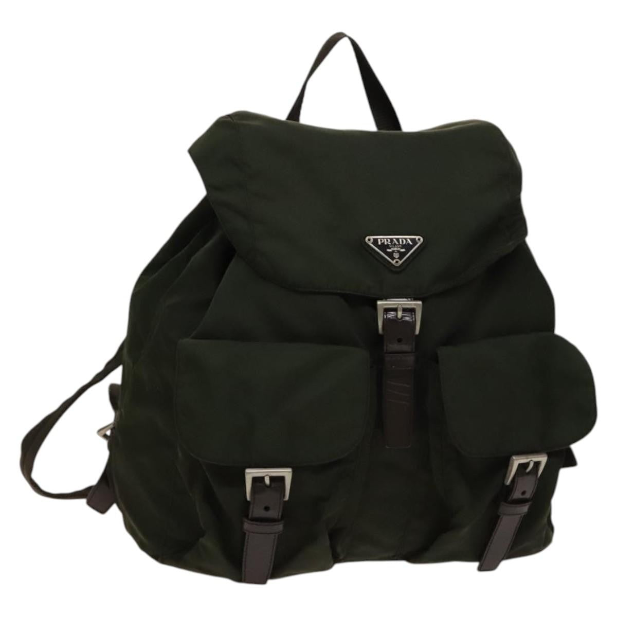 Prada Vela Double Front Pocket Backpack Tessuto With Saffiano Leather Khaki Nylon Backpack Bag (Authentic  )