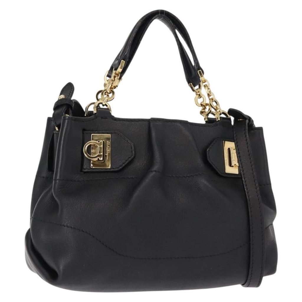 Salvatore Ferragamo W Chain Tote Leather Black Leather Handbag (Authentic  )
