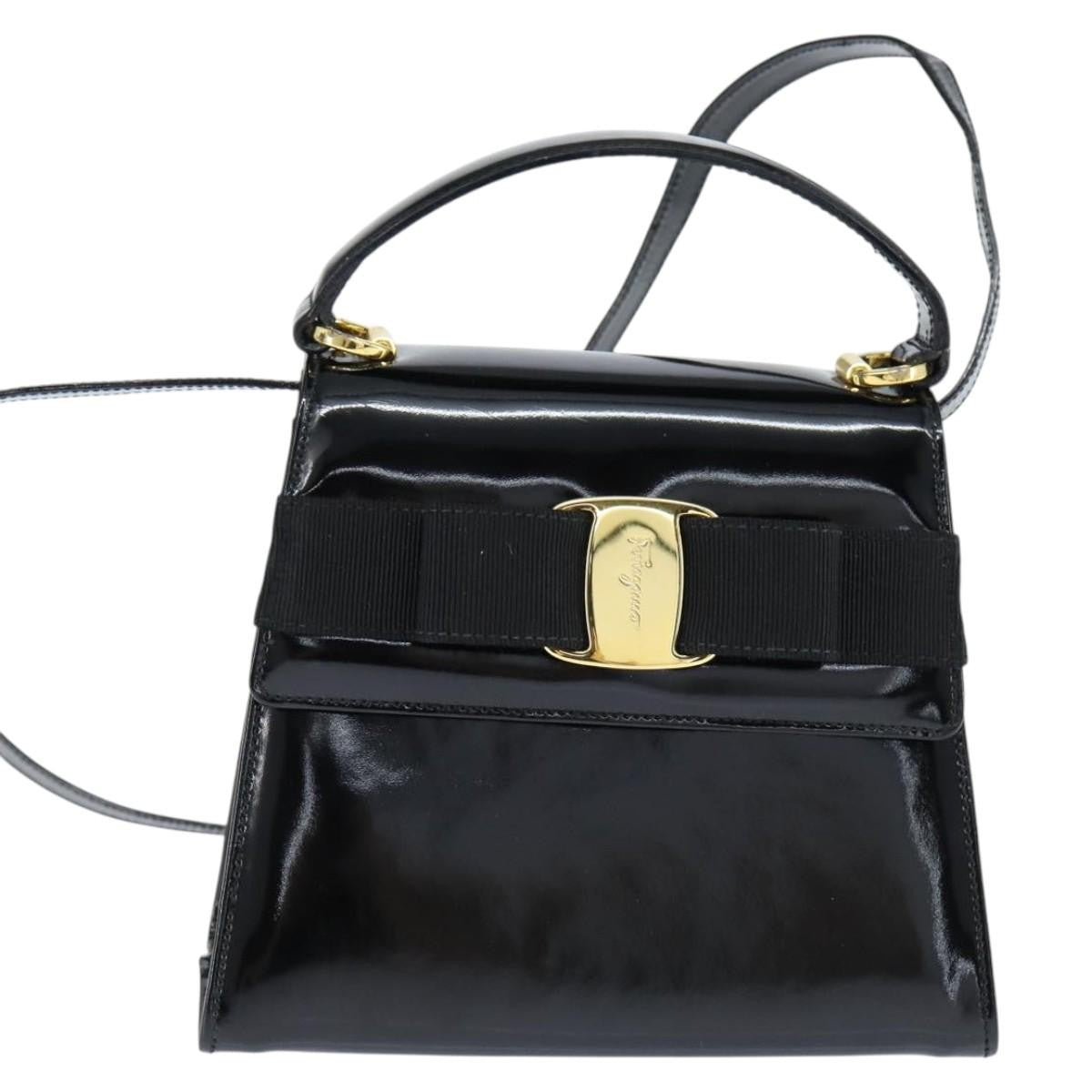 Salvatore Ferragamo Vala Handbag Patent Leather Black Patent_Leather Handbag (Authentic  )