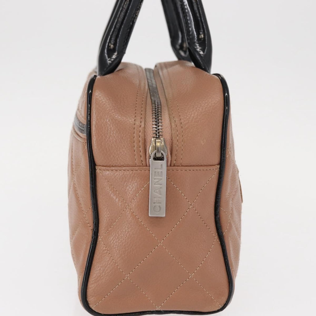Chanel Embossed Logo Bowler Bag Quilted Caviar Beige Leather Handbag (Authentic  )