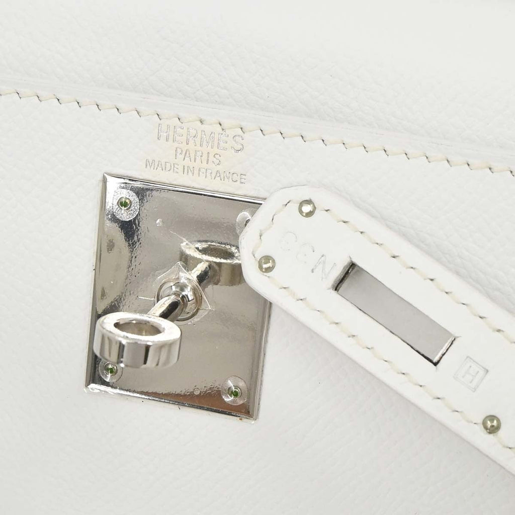 Hermes Kelly Handbag White Epsom With Palladium Hardware White Leather Handbag ( )