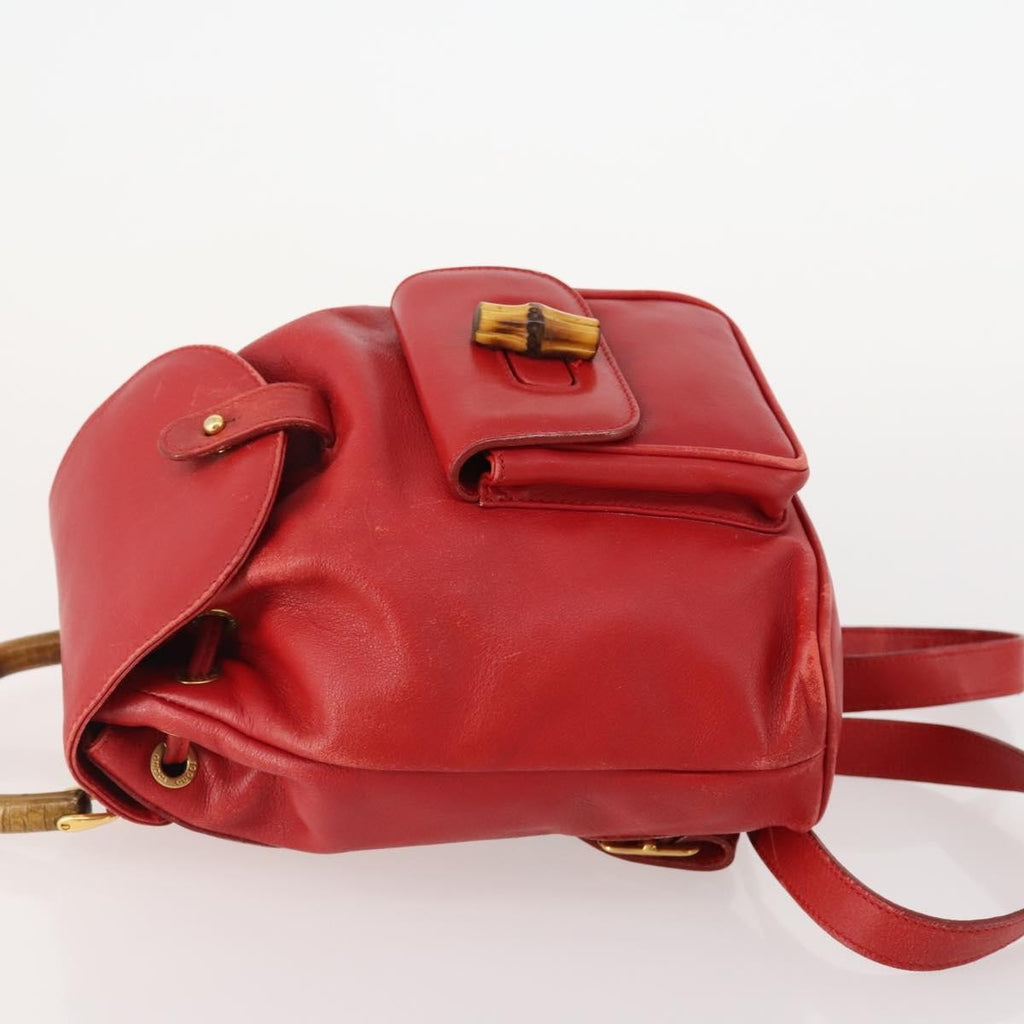 Gucci Vintage Bamboo Backpack Leather Red Leather Backpack Bag (Authentic  )