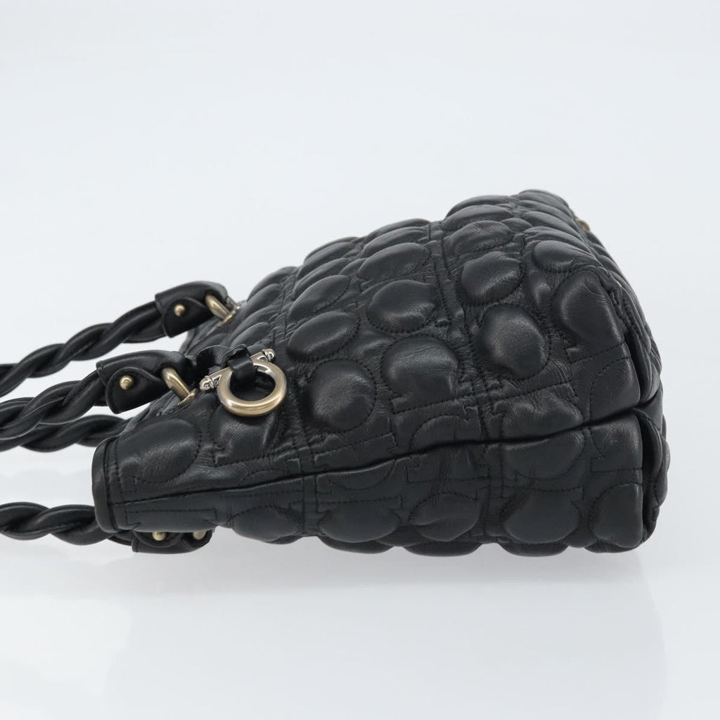 Salvatore Ferragamo Gancini Handbag Leather Black Leather Handbag (Authentic  )