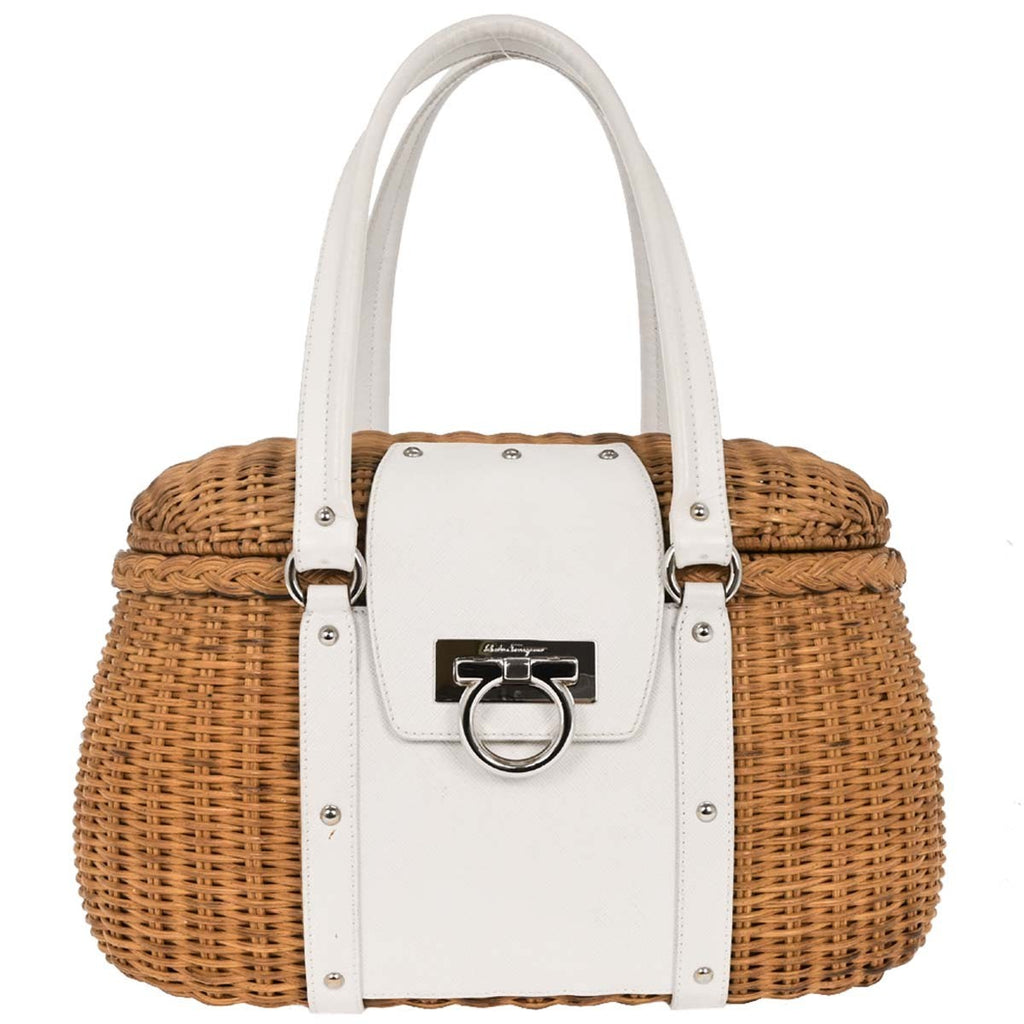 Salvatore Ferragamo Basket Gancini Handbag Leather And Wicker White Leather Handbag (Authentic  )