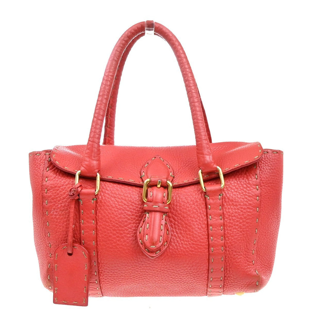 Fendi Selleria Linda Satchel Pebbled Leather Red Leather Handbag (Authentic  )