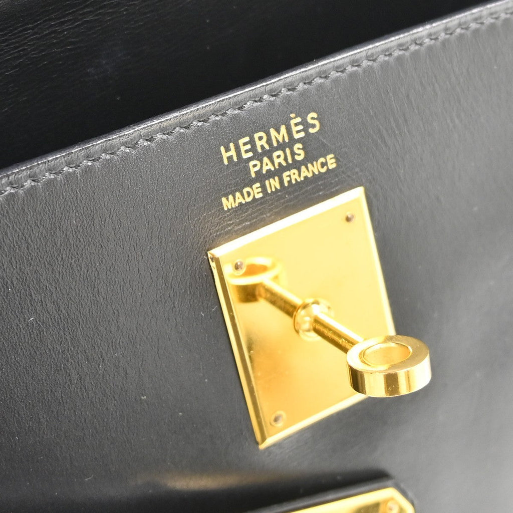 Hermes Kelly Handbag Black Box Calf With Gold Hardware Black Leather Handbag ( )