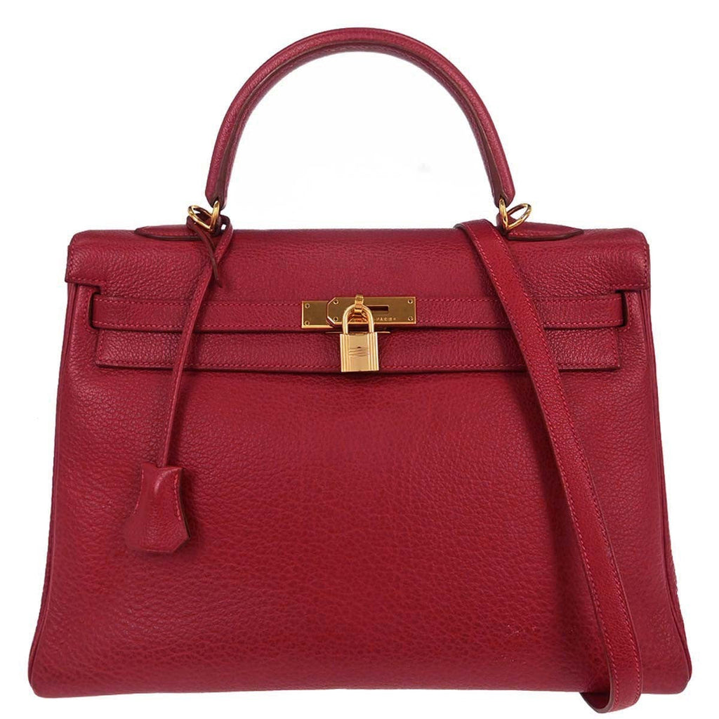 Hermes Kelly Handbag Red Clemence With Gold Hardware Red Leather Handbag ( )