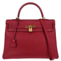 Hermes Kelly Handbag Red Clemence With Gold Hardware Red Leather Handbag ( )