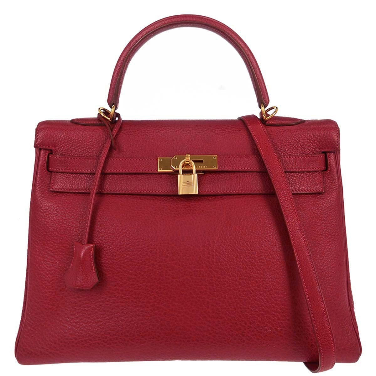 Hermes Kelly Handbag Red Clemence With Gold Hardware Red Leather Handbag ( )