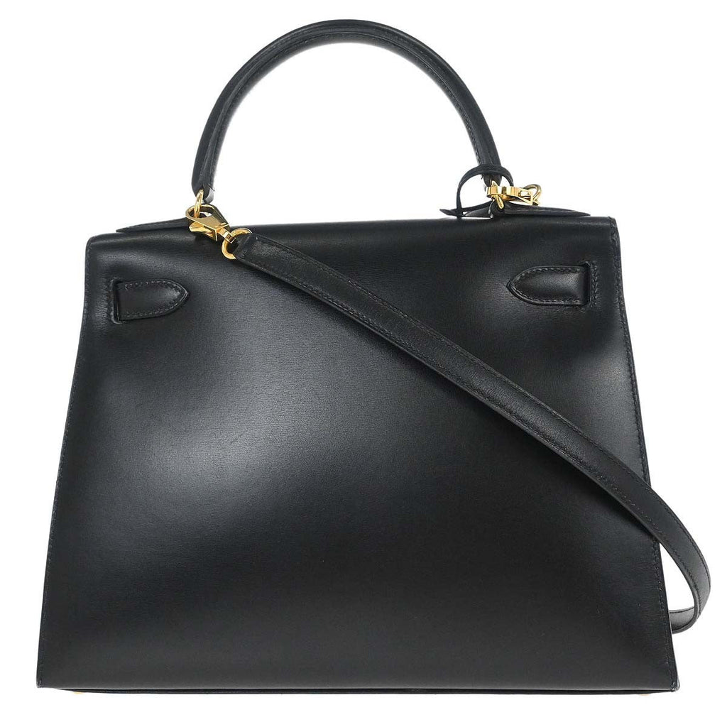 Hermes Kelly Handbag Black Box Calf With Gold Hardware Black Leather Handbag ( )