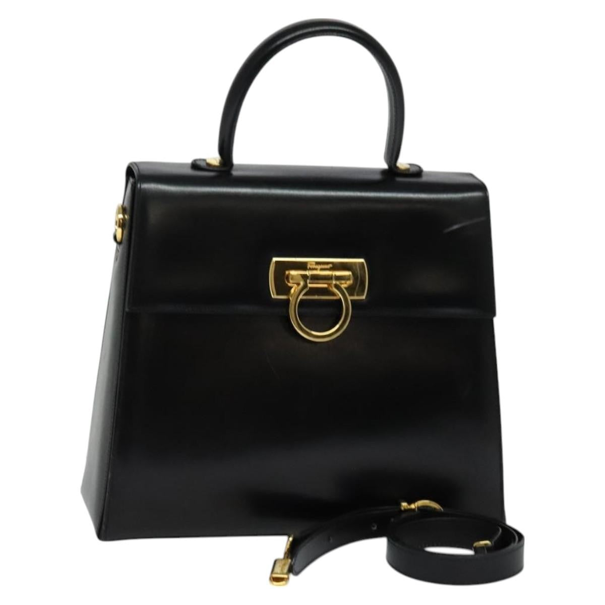 Salvatore Ferragamo Gancini Convertible Top Handle Bag Leather Black Leather Handbag (Authentic  )