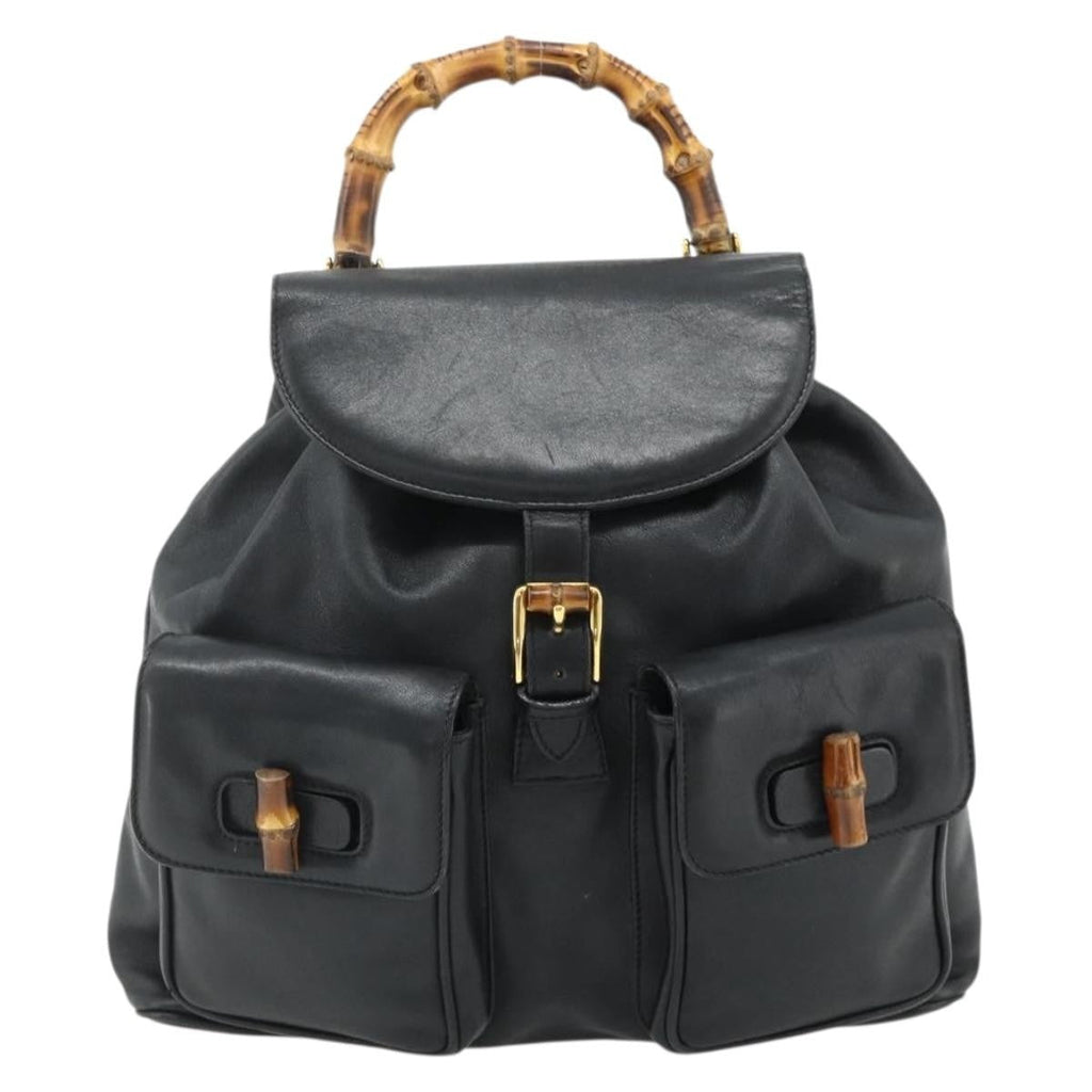 Gucci Vintage Bamboo Backpack Leather Black Leather Backpack Bag (Authentic  )