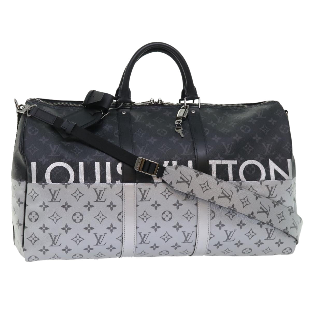 Louis Vuitton Keepall Bandouliere Bag Monogram Eclipse Split Canvas Black Canvas Bag (Authentic  )