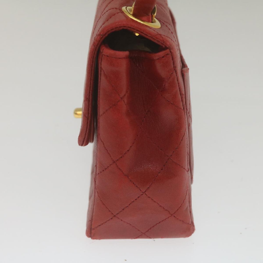 Chanel Vintage Square Chain Handle Flap Bag Quilted Lambskin Red Leather Handbag (Authentic  )