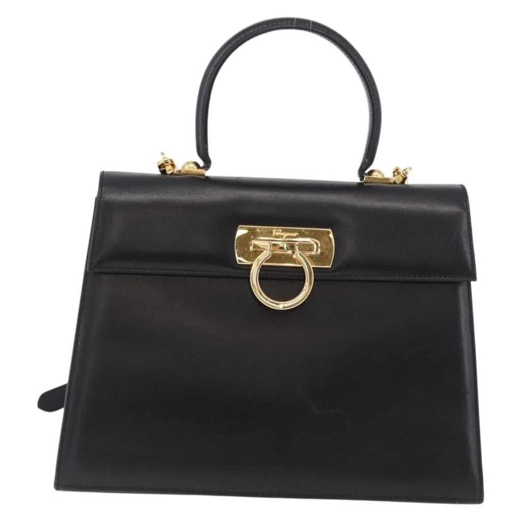 Salvatore Ferragamo Convertible Top Handle Bag Leather Black Leather Handbag (Authentic  )
