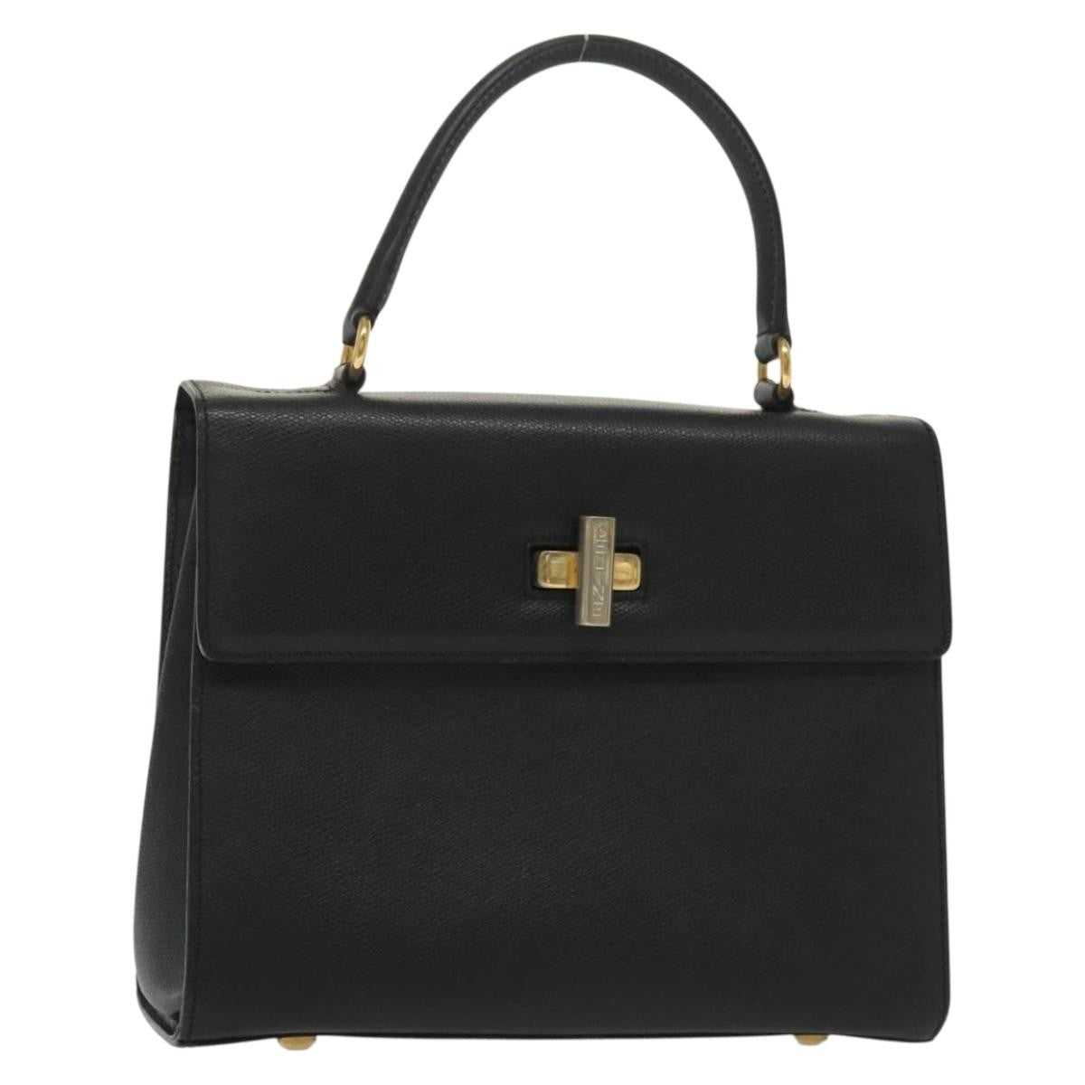 Celine Vintage Convertible Turnlock Top Handle Bag Leather Black Leather Bag (Authentic  )