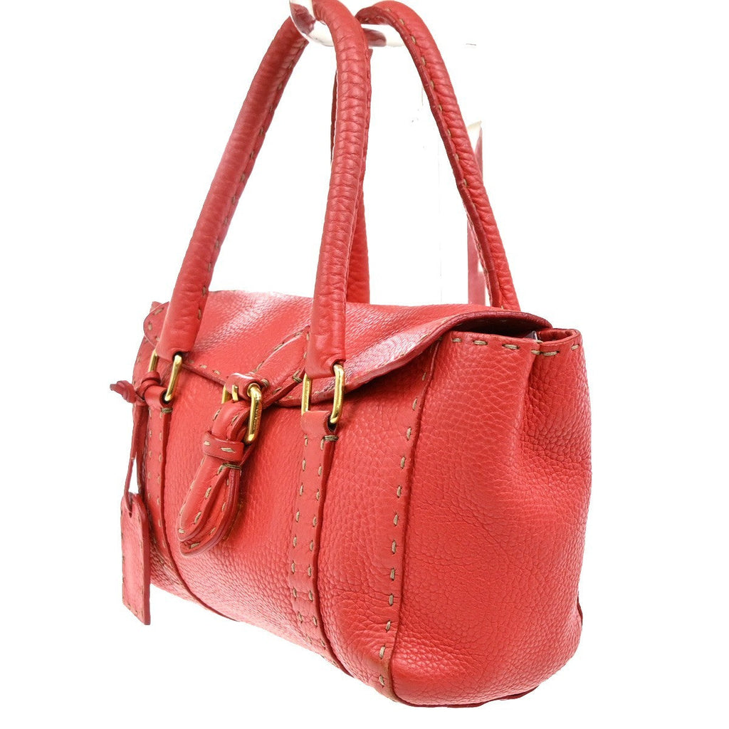 Fendi Selleria Linda Satchel Pebbled Leather Red Leather Handbag (Authentic  )