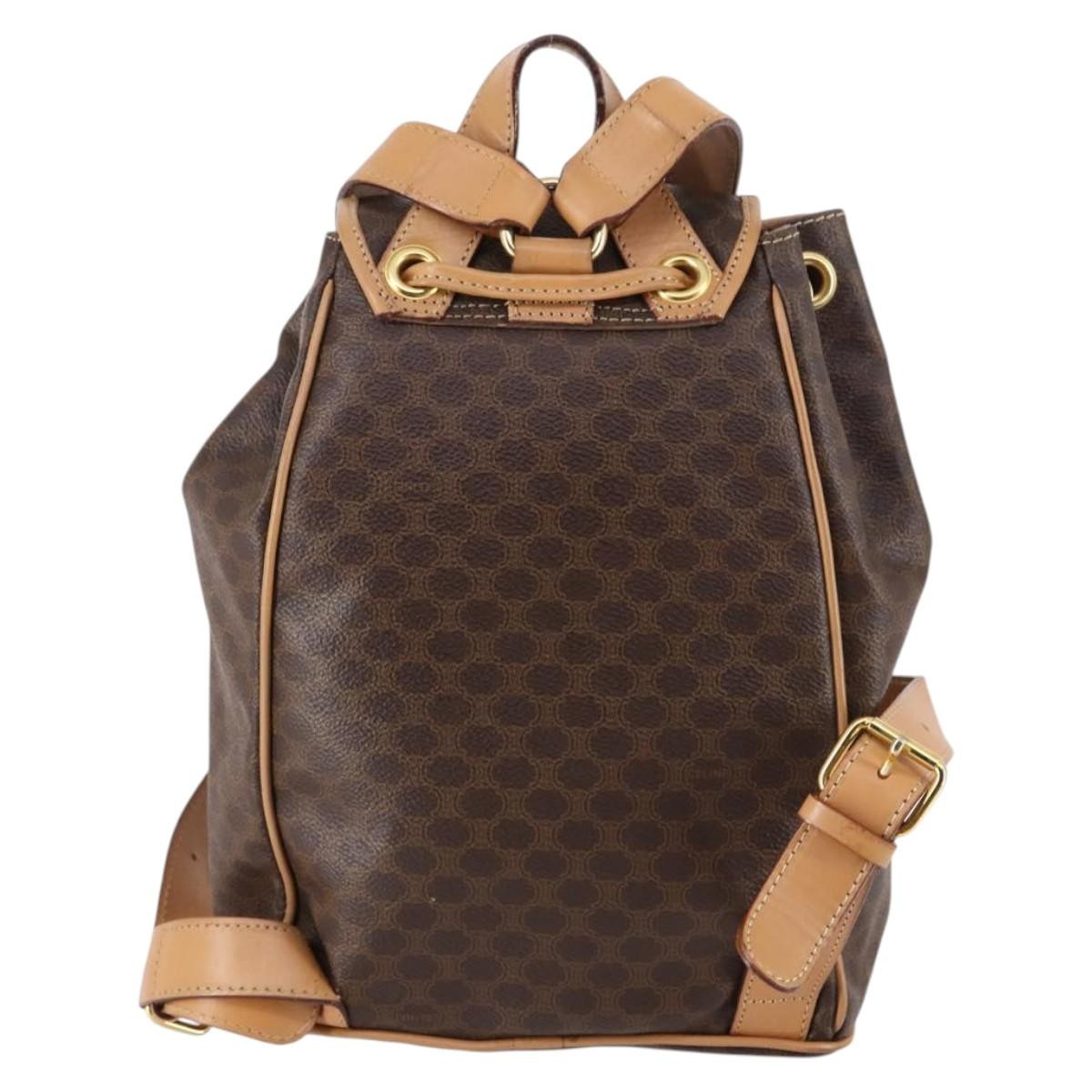 Celine Vintage Drawstring Flap Backpack Macadam Coated Canvas Brown Canvas Backpack Bag (Authentic  )