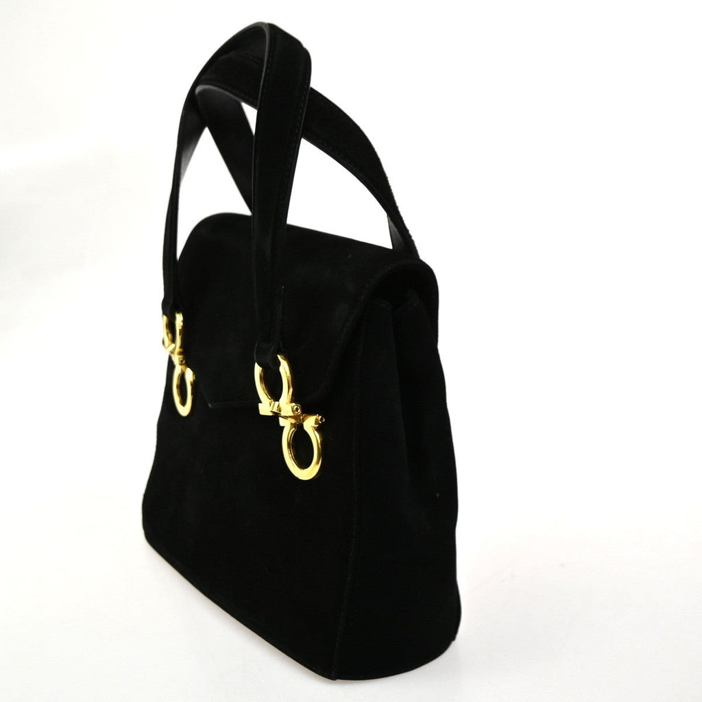 Salvatore Ferragamo Gancini Handbag Suede Black Suede Handbag (Authentic  )