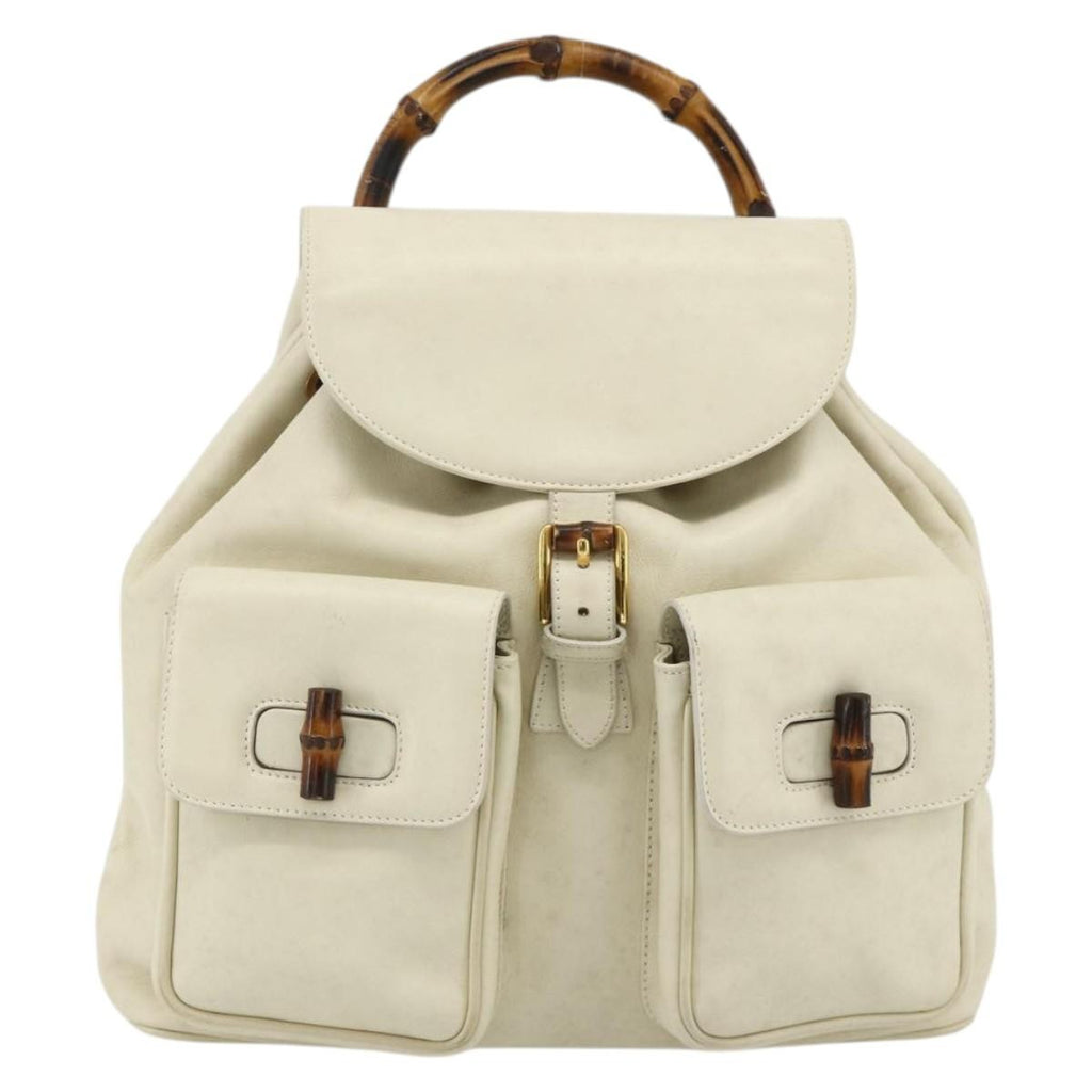 Gucci Vintage Bamboo Backpack Leather White Leather Backpack Bag (Authentic  )