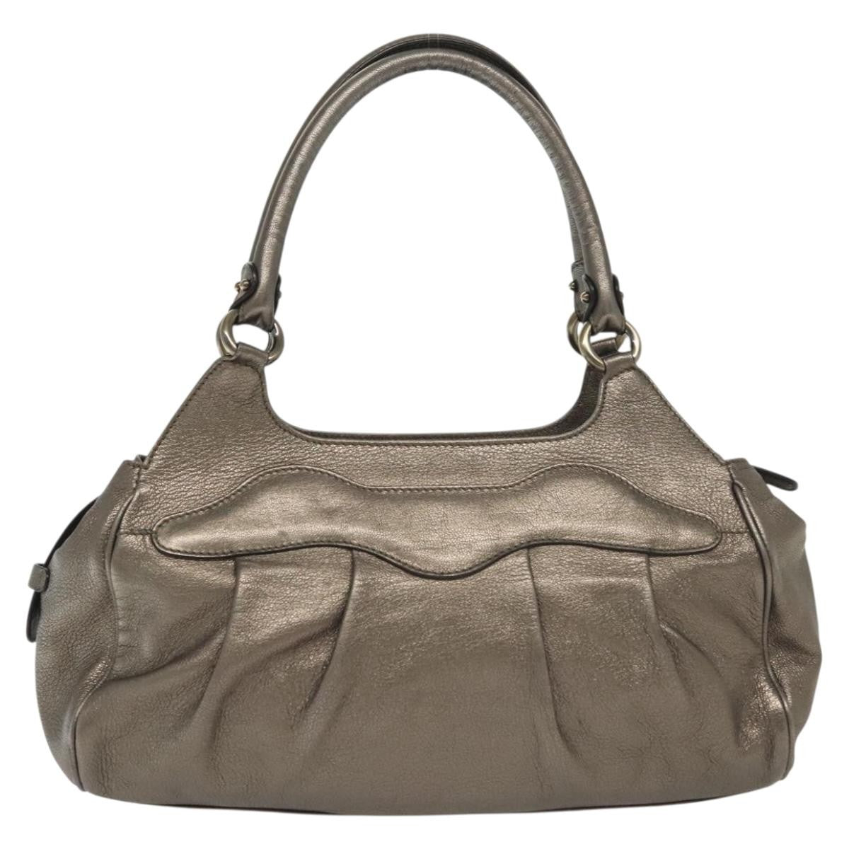 Salvatore Ferragamo Gancini Handbag Leather Silver Leather Handbag (Authentic  )