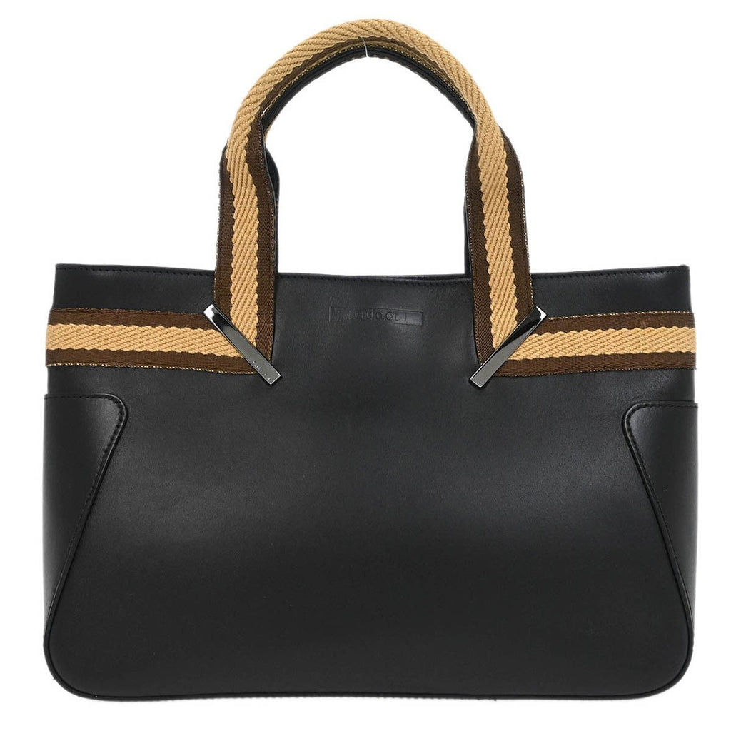 Gucci Web Handbag Leather Wih Canvas Black Leather Handbag (Authentic  )