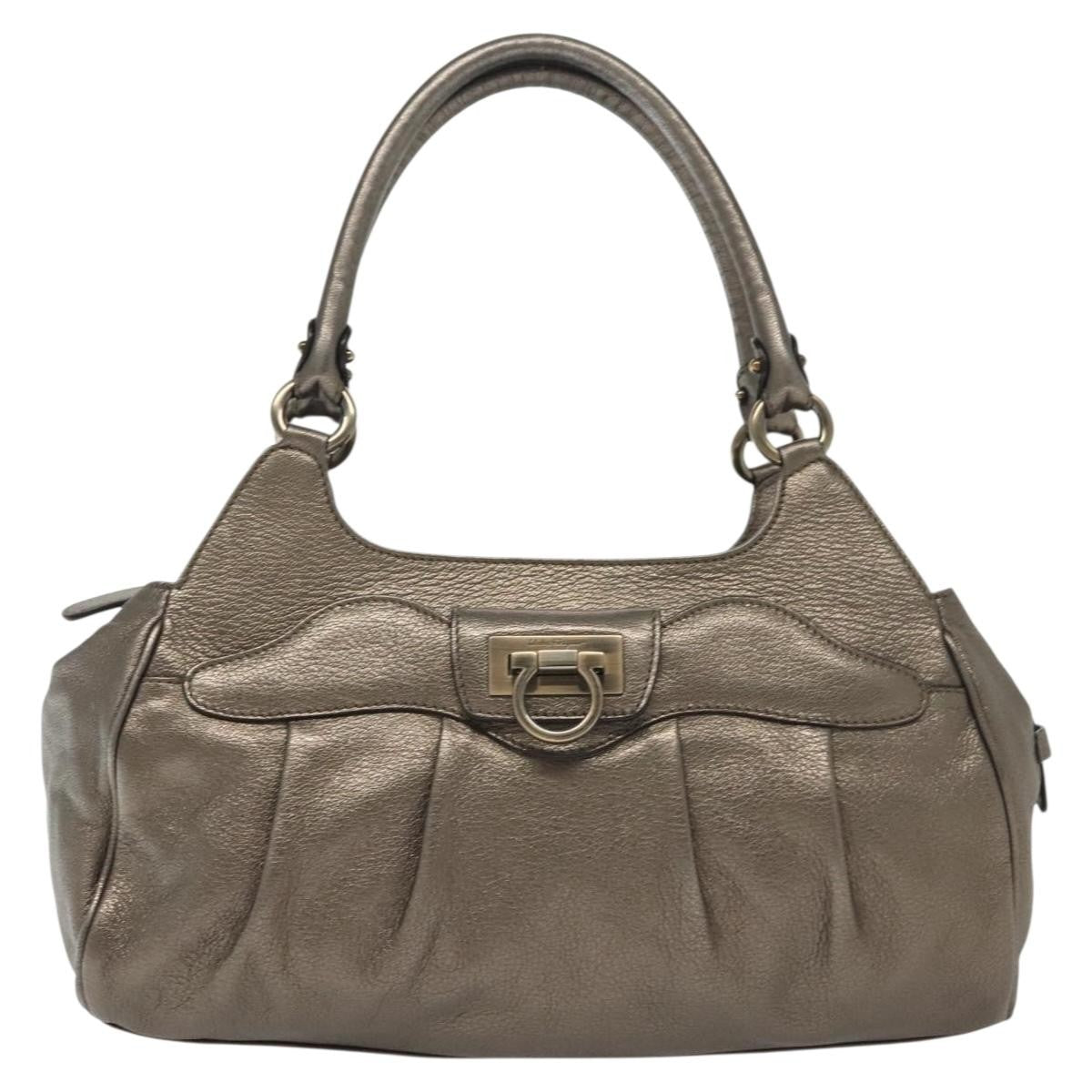 Salvatore Ferragamo Gancini Handbag Leather Silver Leather Handbag (Authentic  )