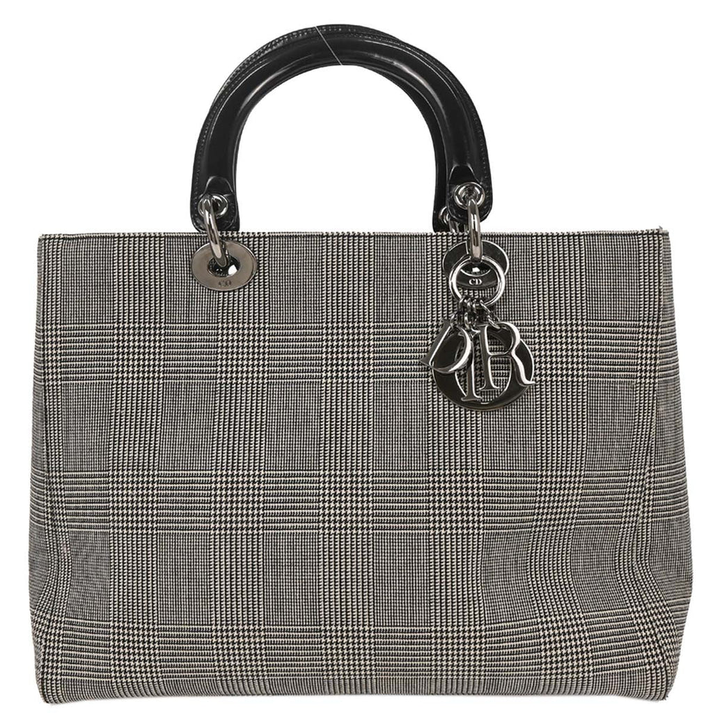 Christian Dior Vintage Lady Dior Bag Houndstooth Canvas Black Canvas Handbag (Authentic  )