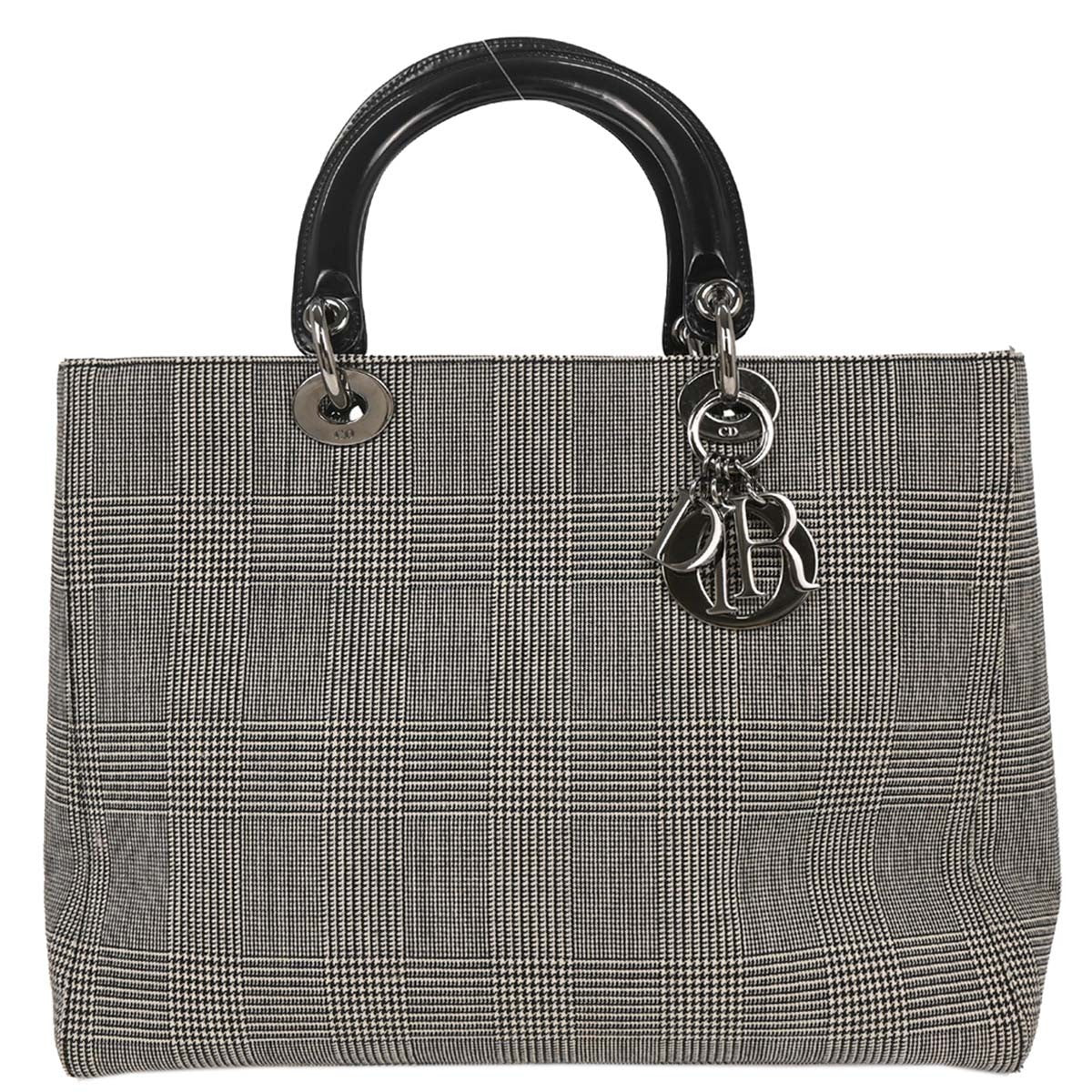 Christian Dior Vintage Lady Dior Bag Houndstooth Canvas Black Canvas Handbag (Authentic  )