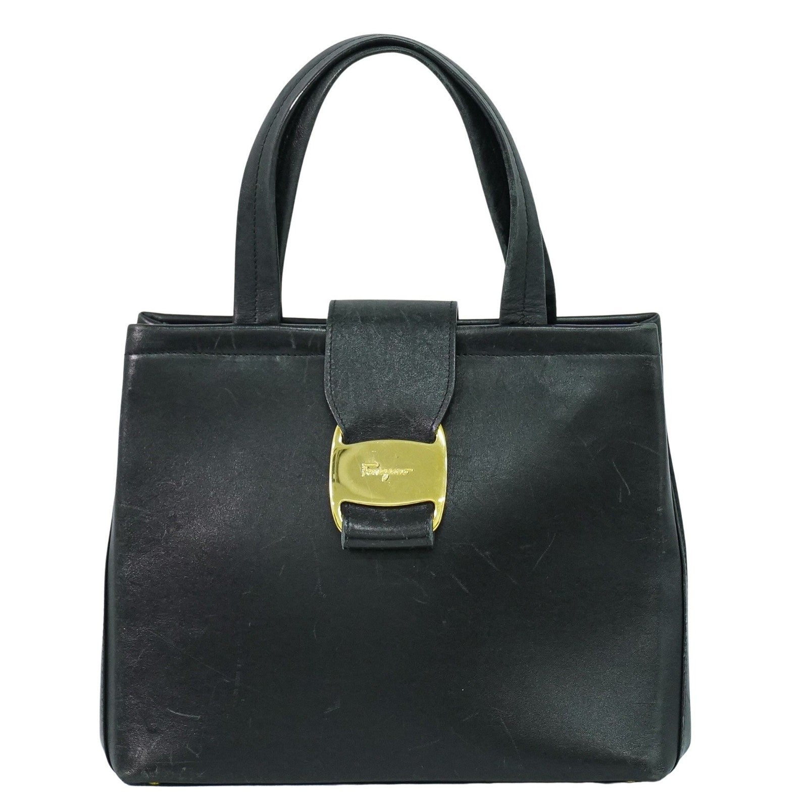 Salvatore Ferragamo Vala Handbag Leather Black Leather Handbag (Authentic  )