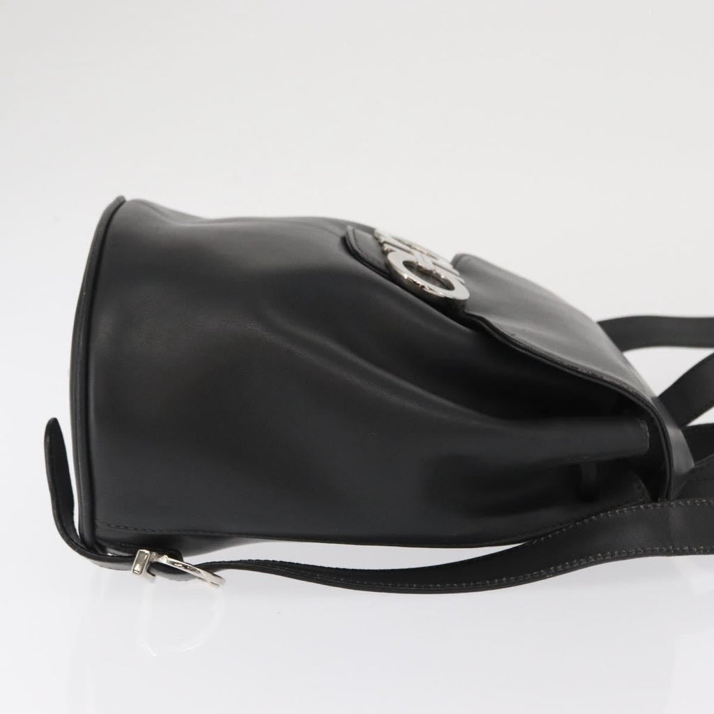 Salvatore Ferragamo Gancini Flap Drawstring Backpack Leather Black Leather Backpack Bag (Authentic  )