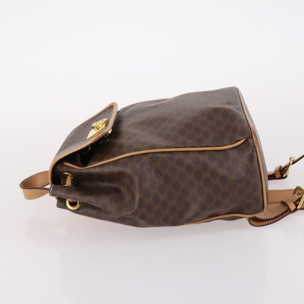 Celine Vintage Drawstring Flap Backpack Macadam Coated Canvas Brown Canvas Backpack Bag (Authentic  )