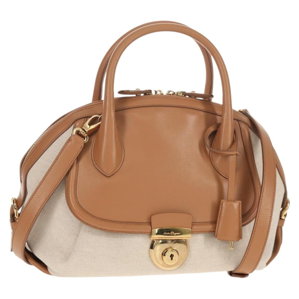 Salvatore Ferragamo Vintage Fiamma Satchel Canvas And Leather Beige Canvas Handbag (Authentic  )