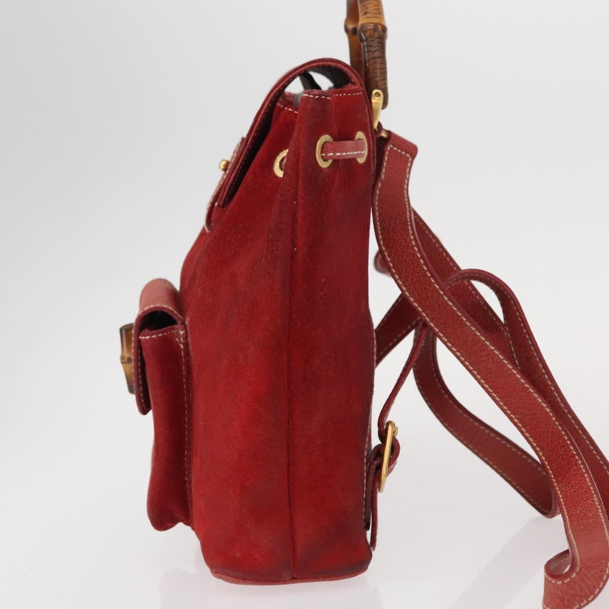 Gucci Vintage Bamboo Backpack Leather Red Leather Backpack Bag (Authentic  )