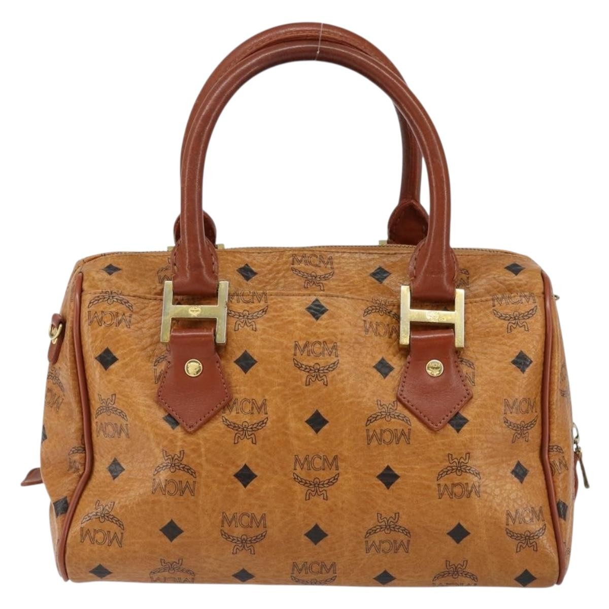 MCM Visetos Logogramme Handbag Canvas And Leather Brown Canvas Handbag (Authentic  )