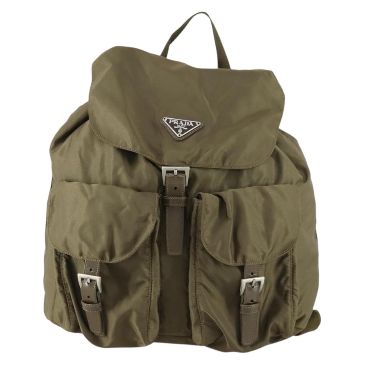 Prada Vela Double Front Pocket Backpack Tessuto With Saffiano Leather Khaki Nylon Backpack Bag ( )