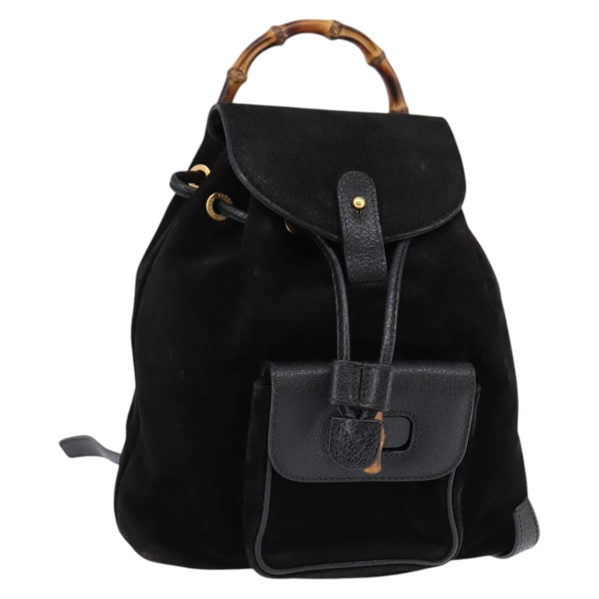 Gucci Vintage Bamboo Backpack Suede Black Suede Backpack Bag (Authentic  )