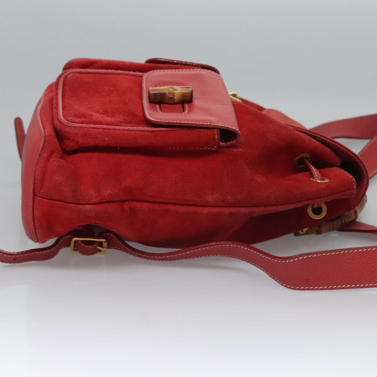 Gucci Vintage Bamboo Backpack Suede And Leather Red Suede Backpack Bag (Authentic  )