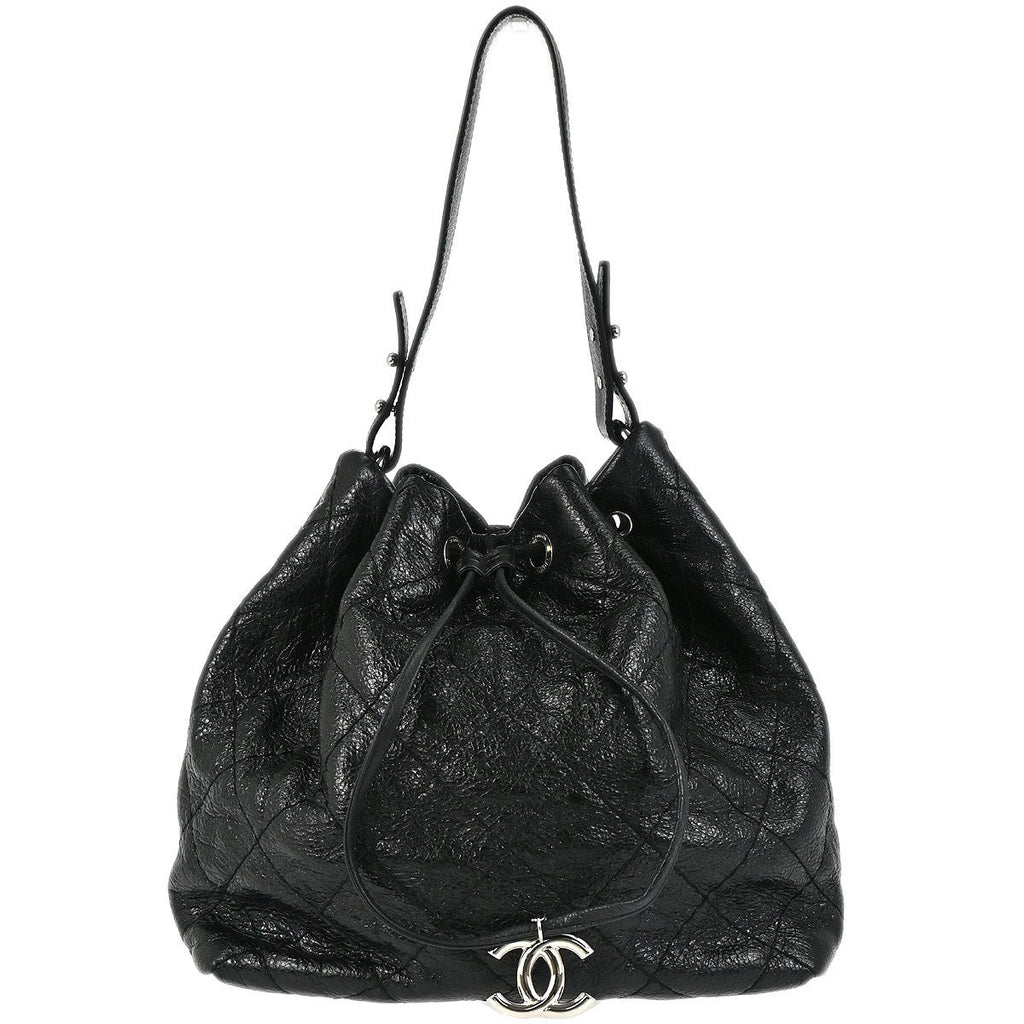 Chanel On The Road Drawstring Bucket Bag Quilted Leather Black Calfskin Handbag ( )
