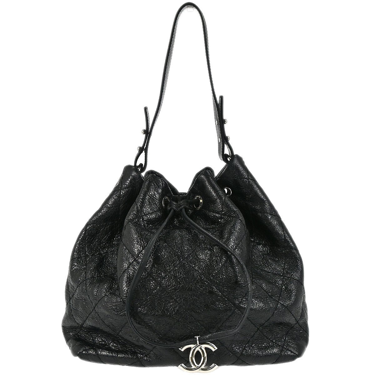 Chanel On The Road Drawstring Bucket Bag Quilted Leather Black Calfskin Handbag ( )