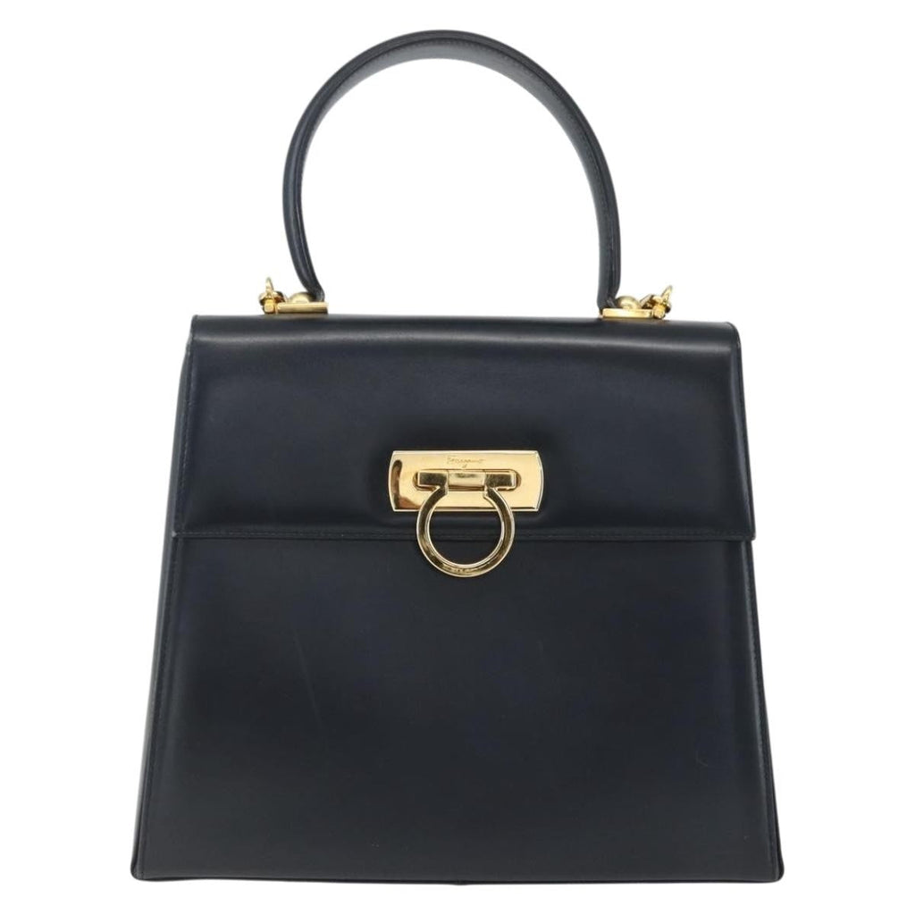 Salvatore Ferragamo Gancini Convertible Top Handle Bag Leather Navy Leather Handbag (Authentic  )