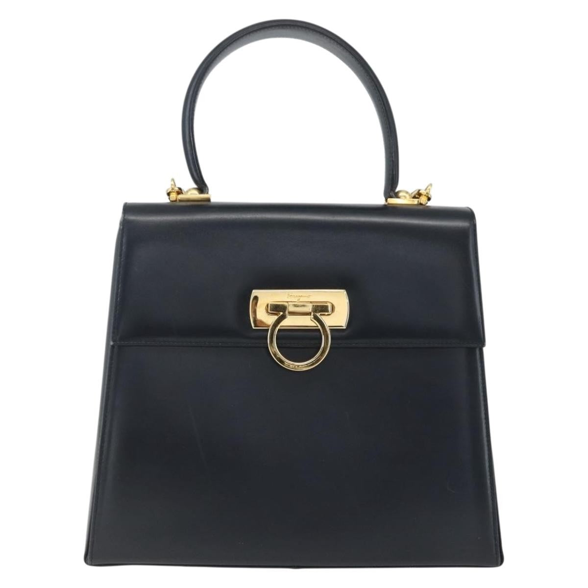Salvatore Ferragamo Gancini Convertible Top Handle Bag Leather Navy Leather Handbag (Authentic  )