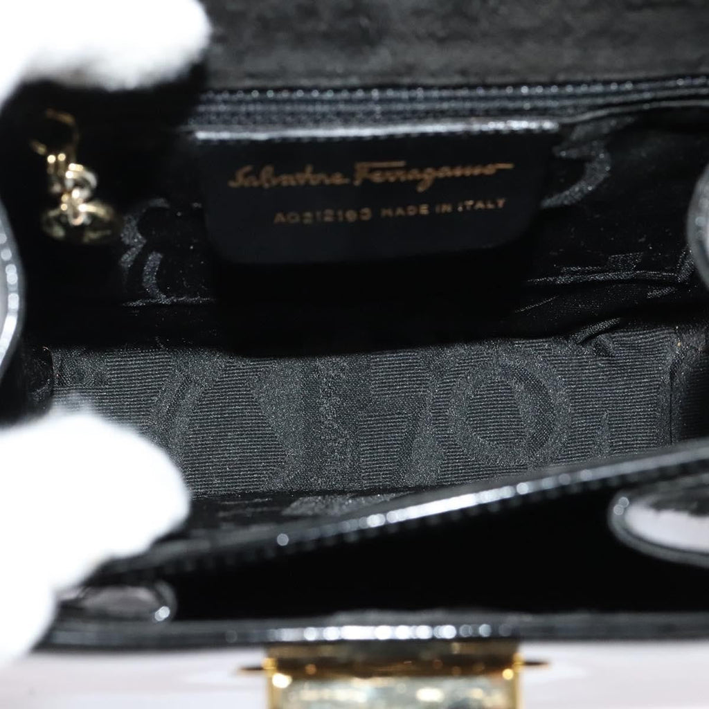 Salvatore Ferragamo Gancini Convertible Top Handle Bag Patent Leather Black Patent_Leather Handbag (Authentic  )