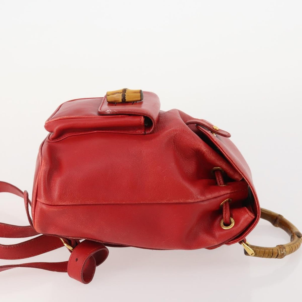 Gucci Vintage Bamboo Backpack Leather Red Leather Backpack Bag (Authentic  )