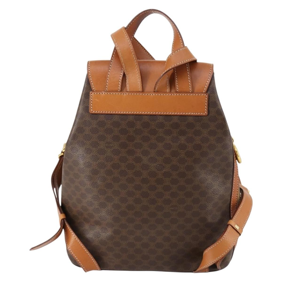 Celine Vintage Macadam Backpack Canvas And Leather Brown Canvas Backpack Bag (Authentic  )